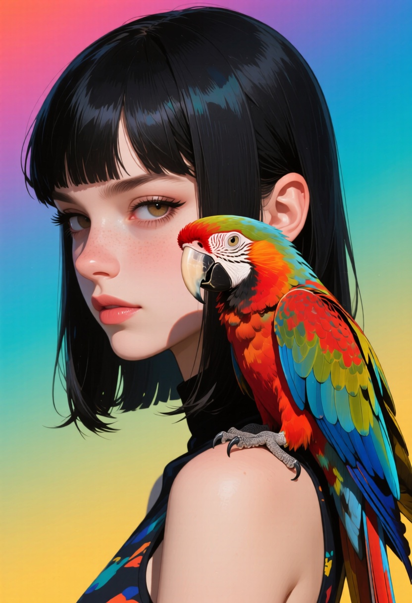 animaport of a woman with sleek black hair and a parrot perched on her shoulder,  against a gradient teal background,  vib...