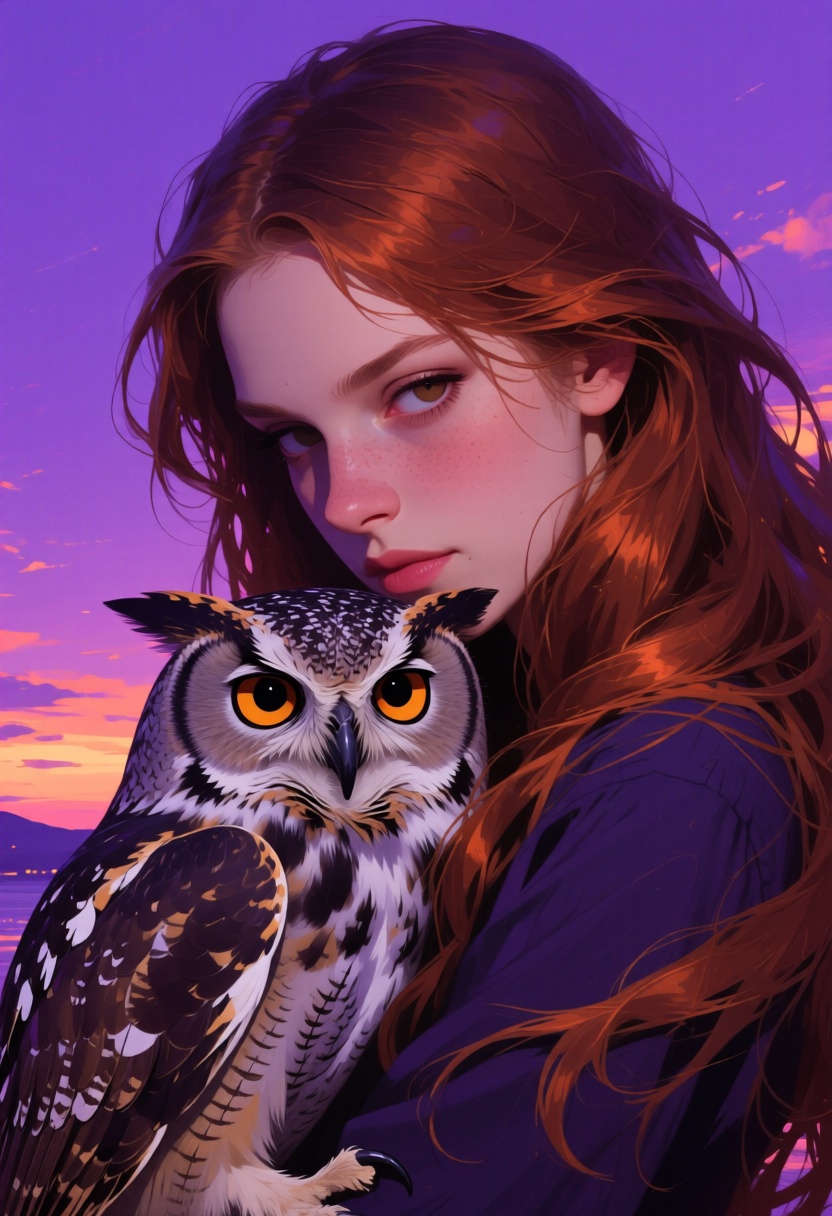 animaport of a woman with long auburn hair and a baby owl,  against a dusk-inspired violet background,  vibrant and bright...