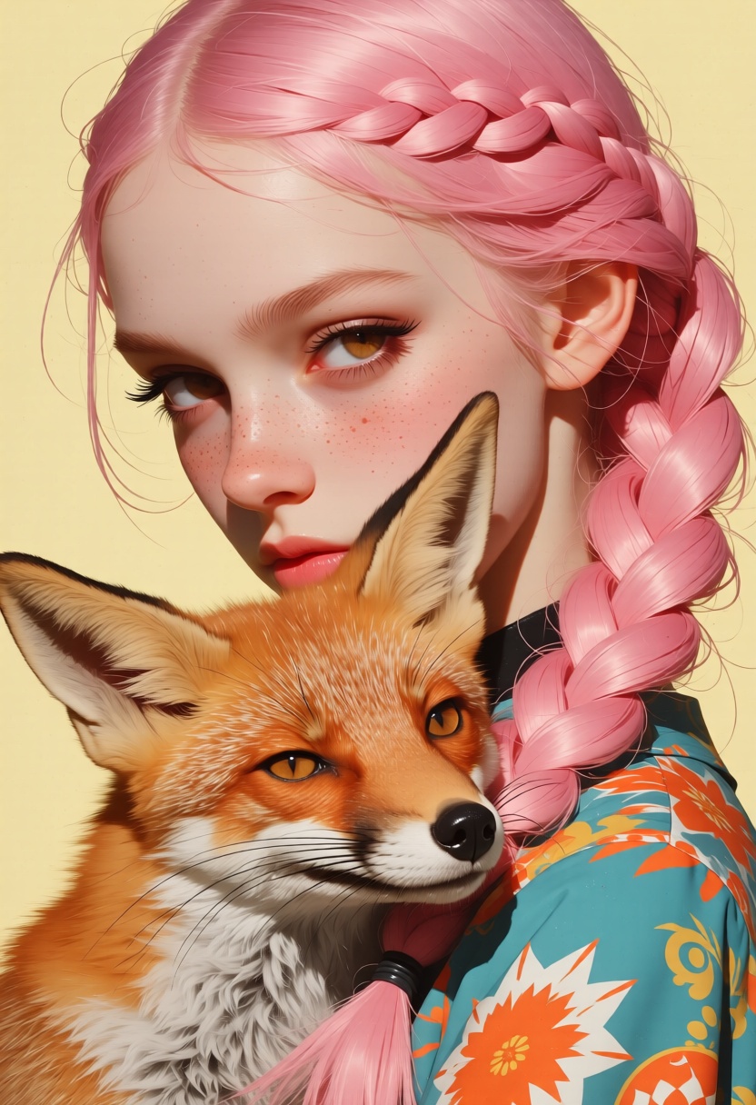 animaport of a woman with braided pink hair and a small fox,  against a light yellow background,  vibrant and bright on Te...