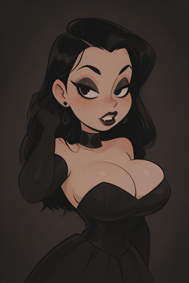 An anime-style image focusing on a solo goth girl with shortstack black hair,  huge breast,  and puffy lips. She wears a b...