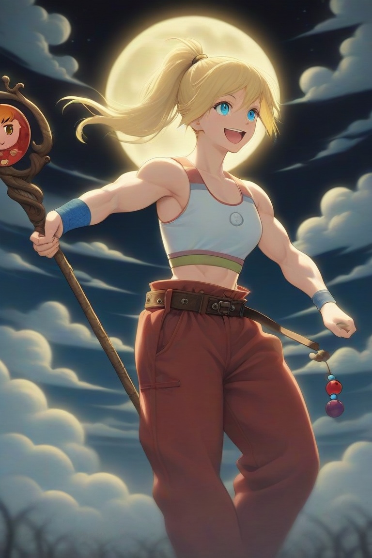 The image depicts a vibrant and animated character with long blonde hair tied in a ponytail,  wearing a white sports bra a...