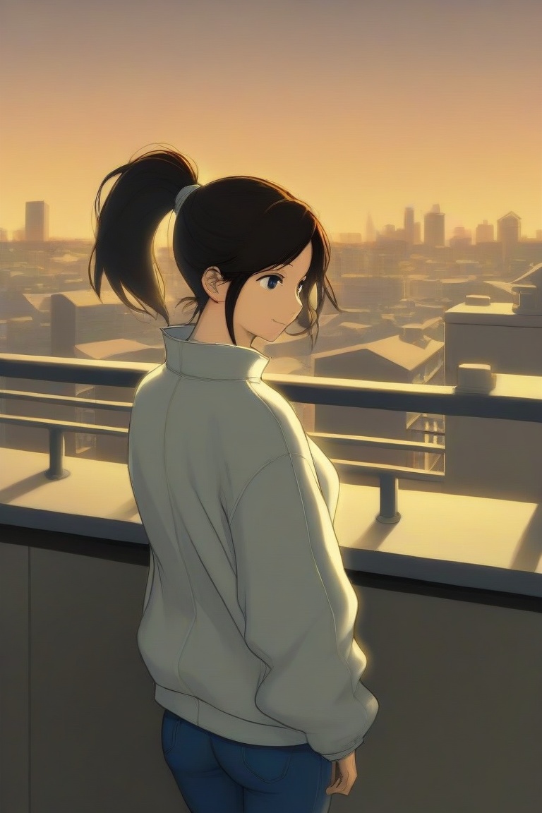 The image depicts a young woman with long dark hair tied back in a ponytail,  wearing a light-colored jacket and blue jean...