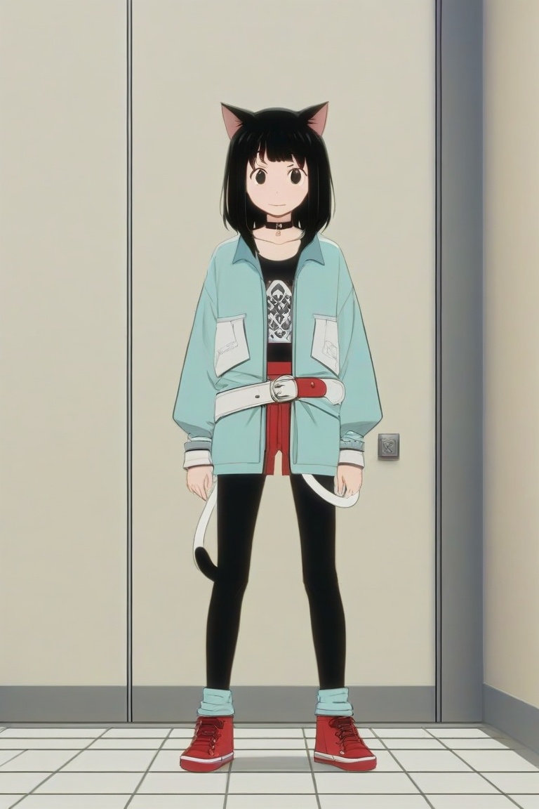The image depicts a character with short black hair and cat-like ears,  wearing a light blue jacket over a black crop top...