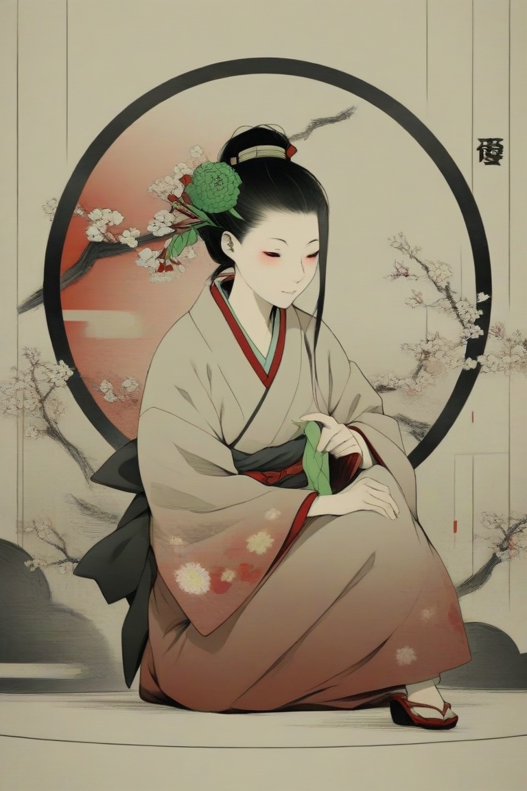 The image depicts a stylized anime-style illustration of a woman sitting on the floor. She is wearing a traditional Japane...