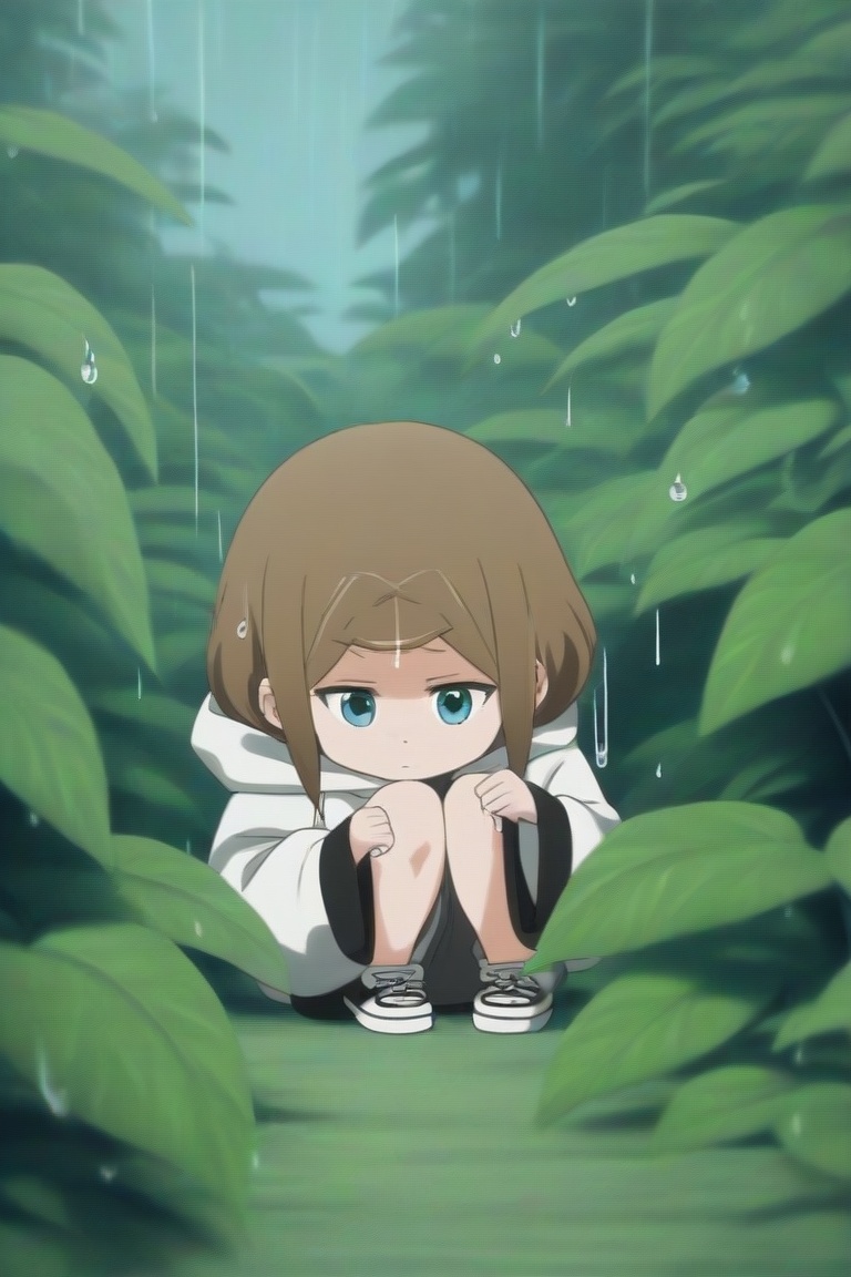 The image depicts a young woman with long brown hair wearing a black and white panda-themed hoodie. She is crouching down...