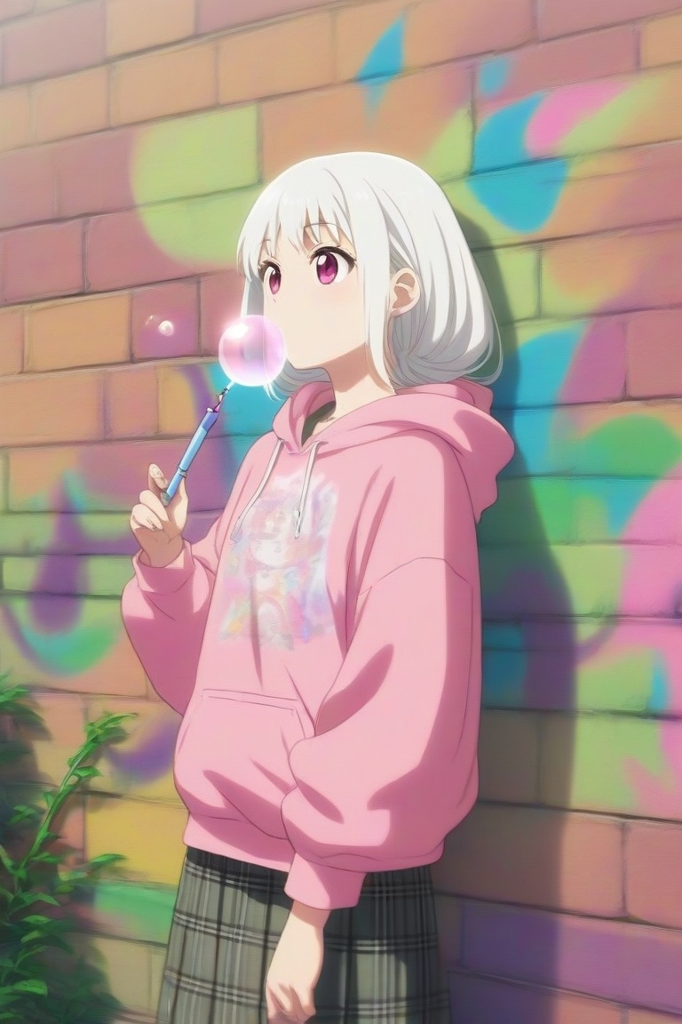 The image depicts a young woman with long,  flowing white hair standing against a brick wall. She is wearing a pink hoodie...