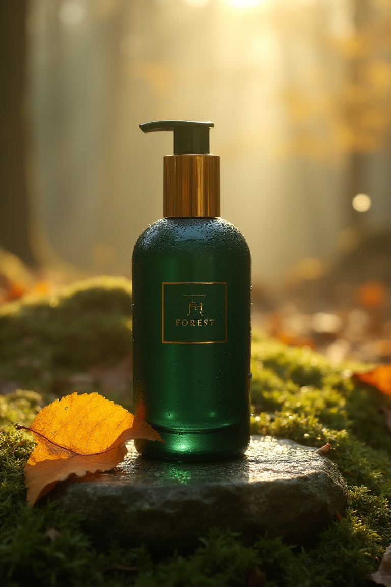 a matte dark green glass product bottle with gold accents,  lightly covered in realistic water droplets,  placed on a smoo...
