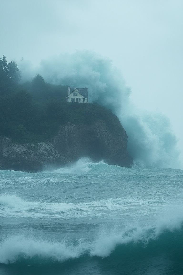 photo of a 50m high wave tsunami about to hit a small island with a Small mansion on it,  close to the house --ar 9:16 --v...