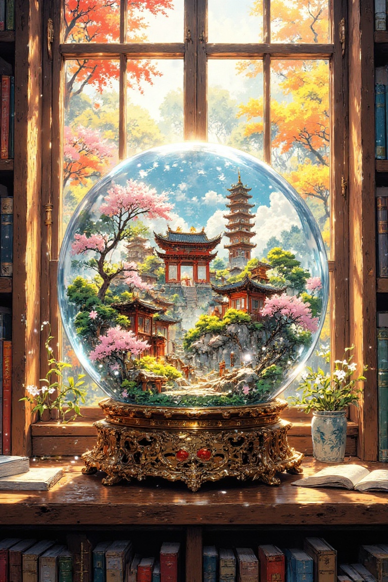 The image depicts a serene and vibrant scene with a large,  transparent snow globe prominently placed on a wooden shelf. I...