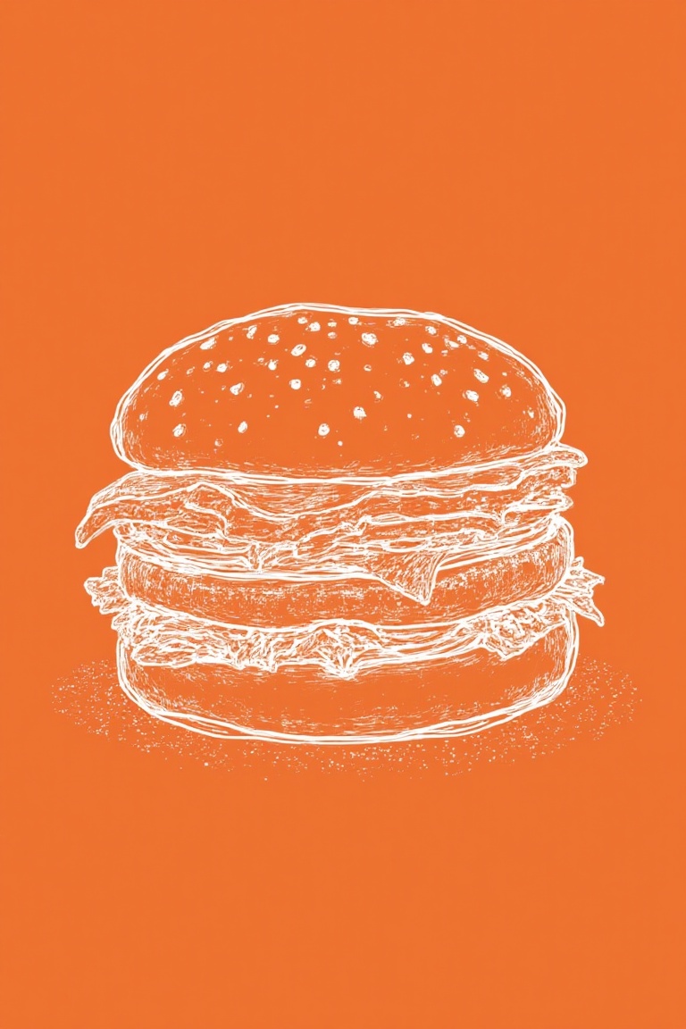 A whimsical single-line drawing of a burger with a loose,  sketchy style,  featuring wobbly contours and visible hand-draw...