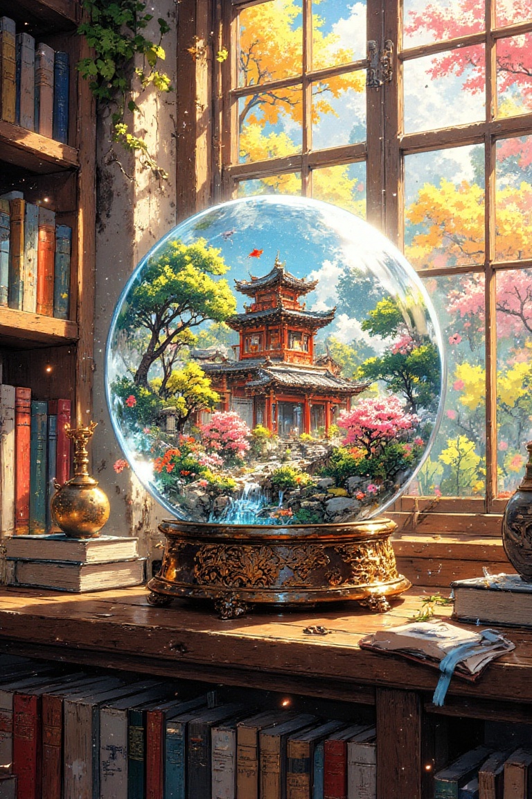 The image depicts a serene and vibrant scene with a large,  transparent snow globe prominently placed on a wooden shelf. I...
