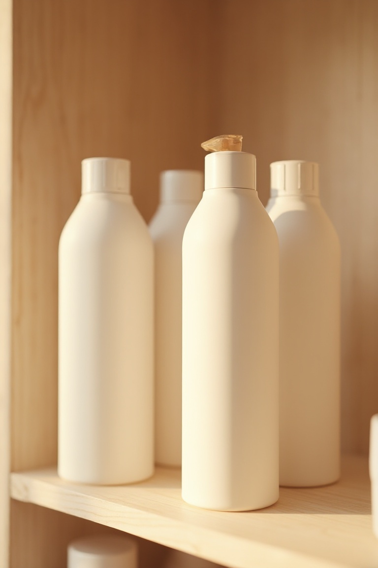 Ultra-realistic product shot of three minimalist shampoo bottles in matte beige and cream tones,  completely blank with no...