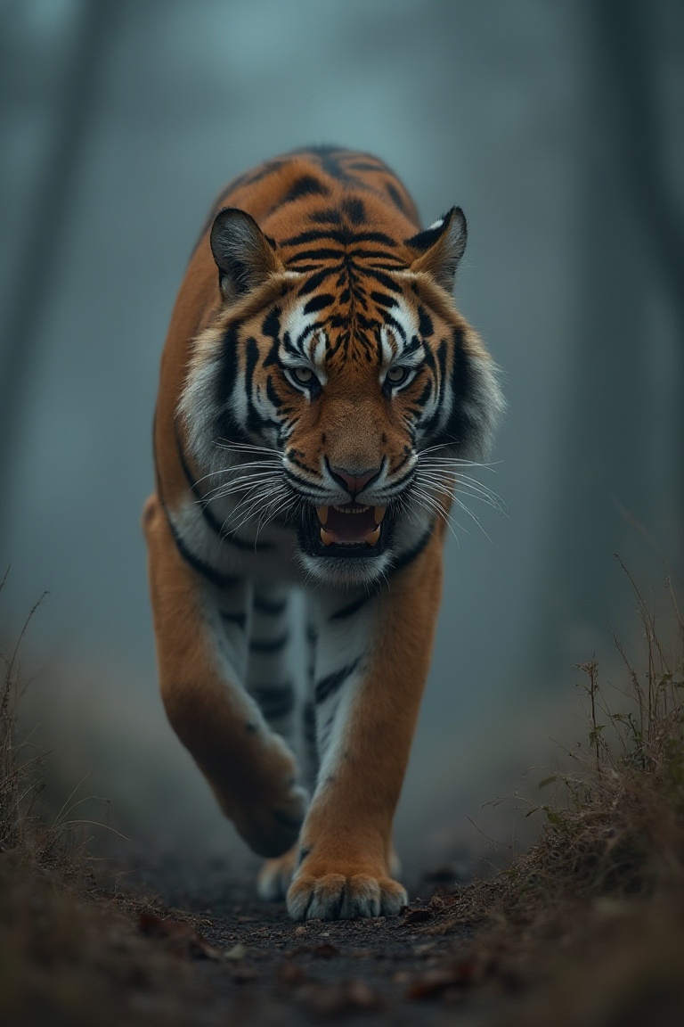 a tiger is slowly walking towards little,  attacking style,  aggressive on Tensor.Art