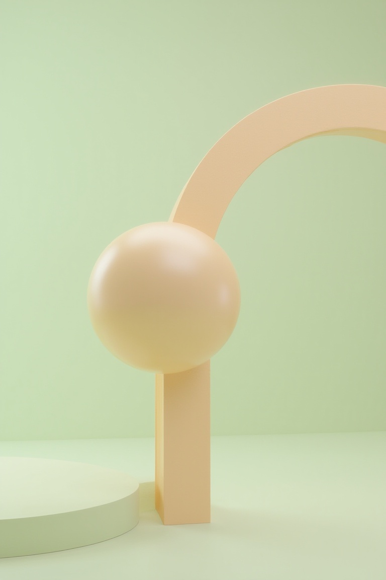 A light beige sphere rolling on the edge of an abstract golden arch,  a giant pastel sphere,  minimalist sculptural forms...
