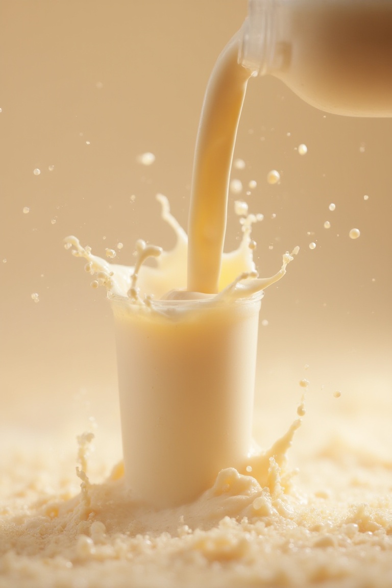 macro photography,  extreme close-up of a powerful stream of thick,  creamy vanilla whey protein pouring from a sleek on T...