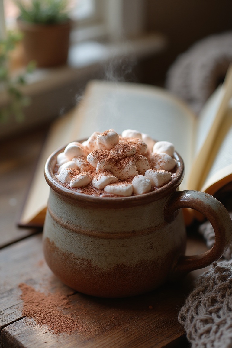 A rustic handmade ceramic mug filled with rich hot chocolate,  topped with melting marshmallows and a dusting of cocoa pow...