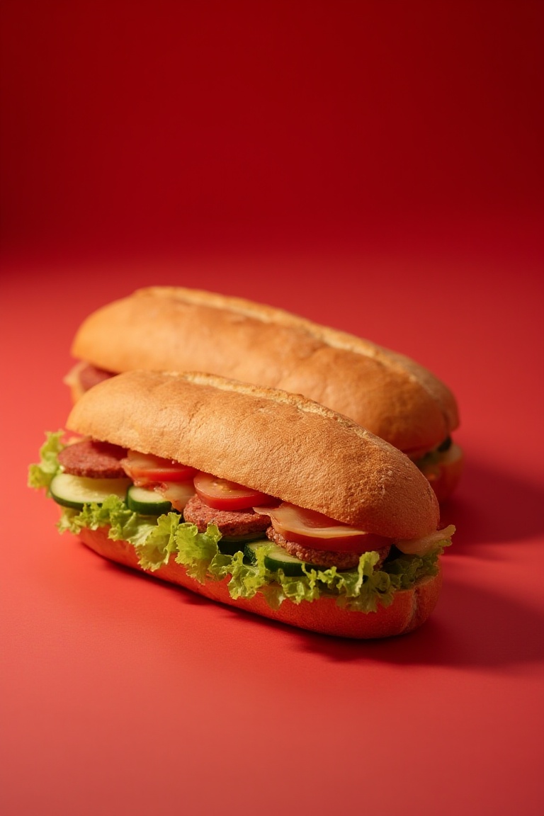 isometric photography of delicious baguette sandwich lay on flat ground in studio,  it contain (lettuce,  sliced tomato an...