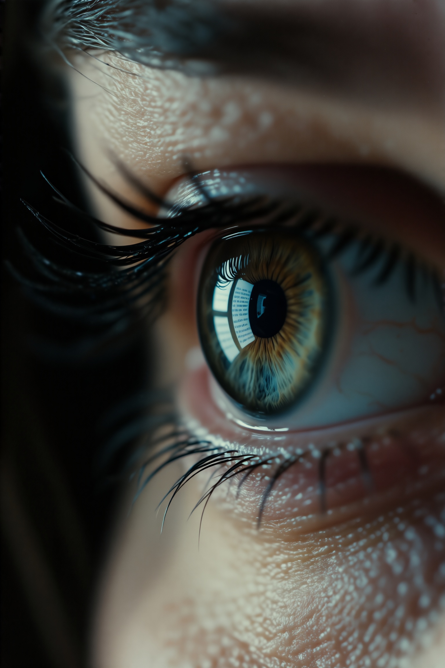 cinematic,  A close-up of an eye with an image reflected on the surface of the pupil,  showing long eyelashes and fine ski...