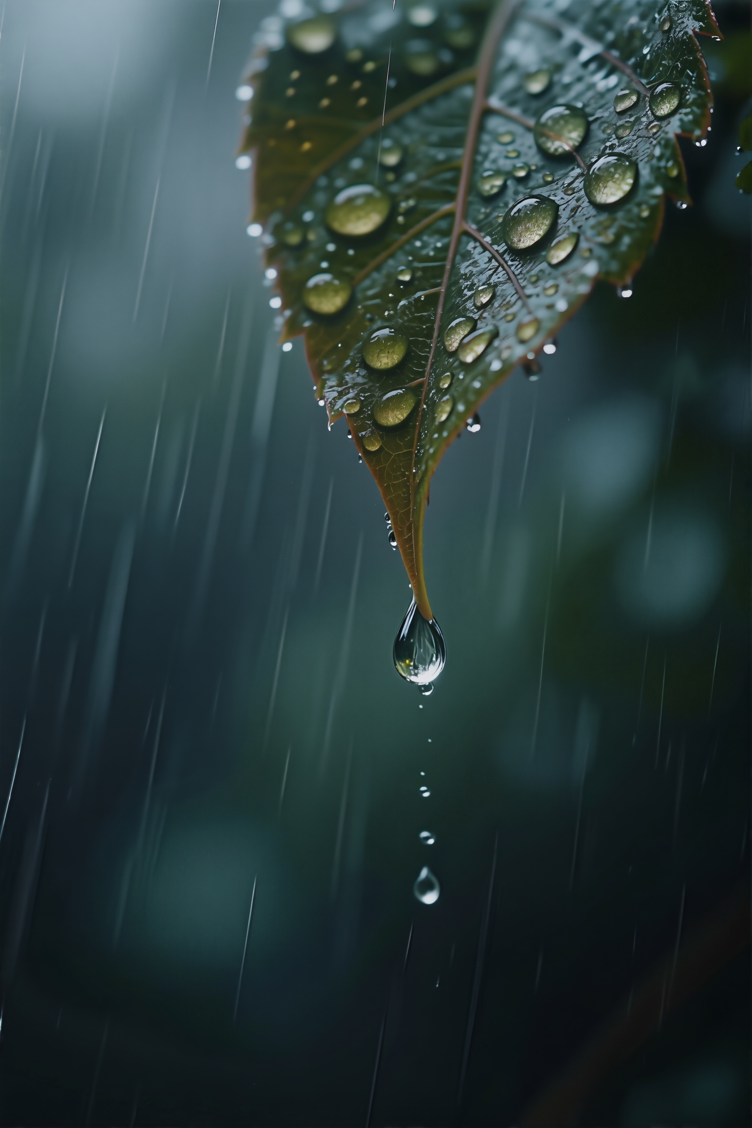 Rain drop ,  hanging on a drooped leaf,  close up on Tensor.Art