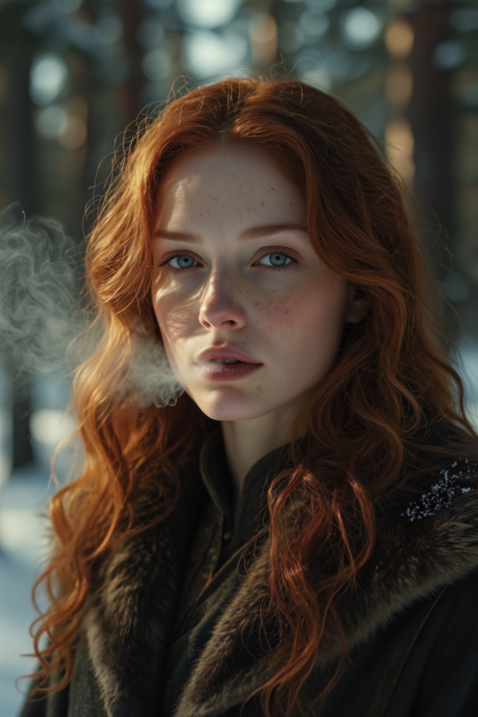 Close up front view portrait of an elegant woman in a winter pine forest. Her long wavy ginger hair frames a fine pale fac...