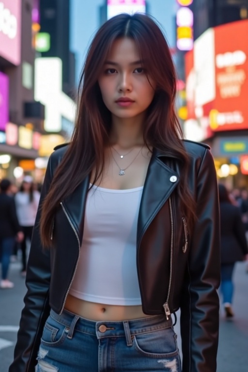 Half-body portrait of a woman with long black hair down,  wearing a cropped leather jacket over a white **** top,  ripped...