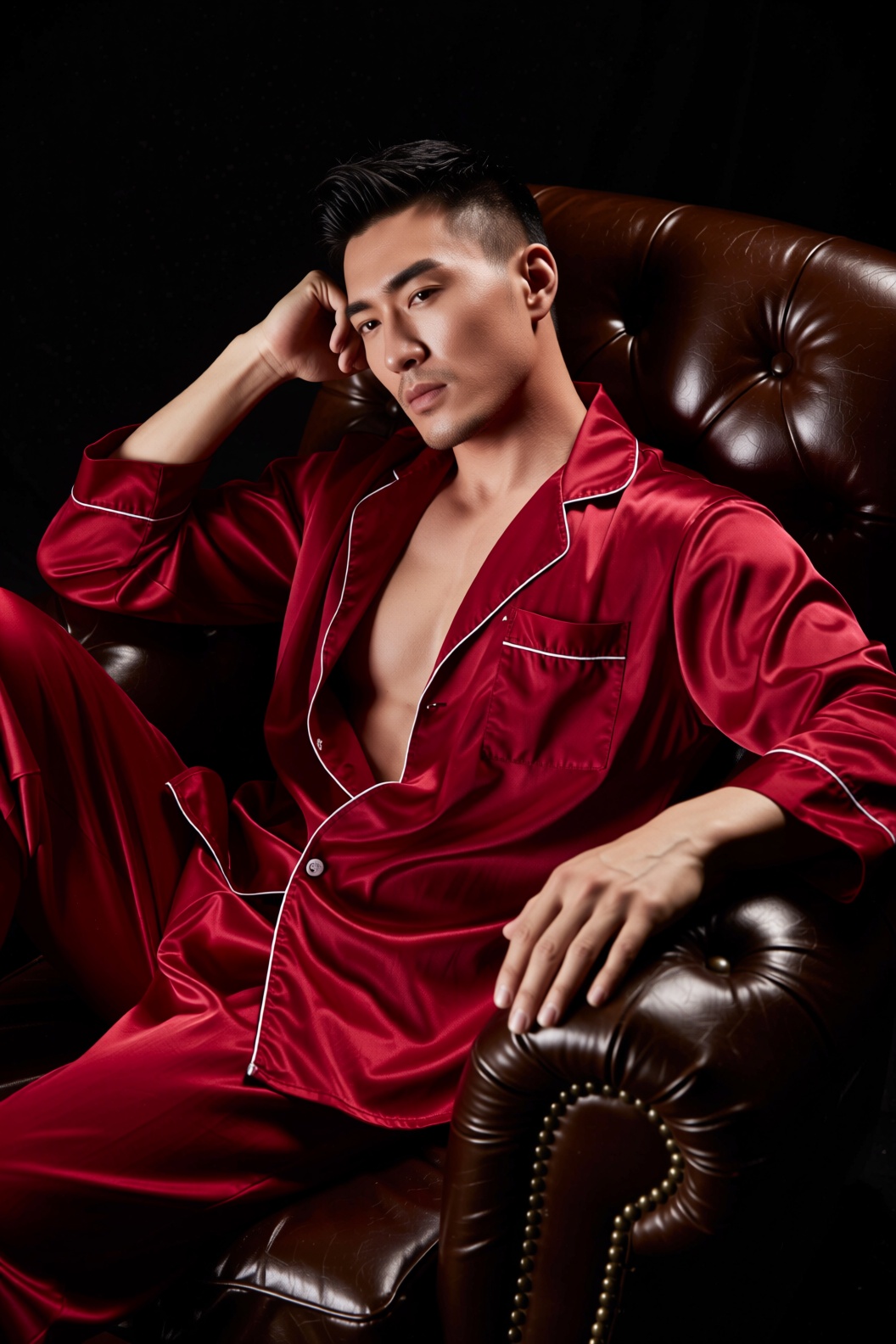 男性,  男士身着红色丝绸睡衣,  慵懒地斜靠在皮质沙发上 on Tensor.Art