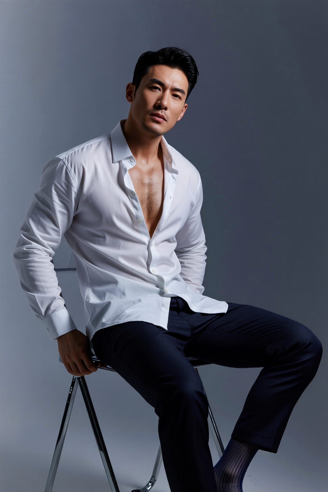 性感型男模特身着时尚男士条纹丝袜,  外搭oversize 白衬衫,  领口微敞露出锁骨。杂志风格人像写真 on Tensor.Art
