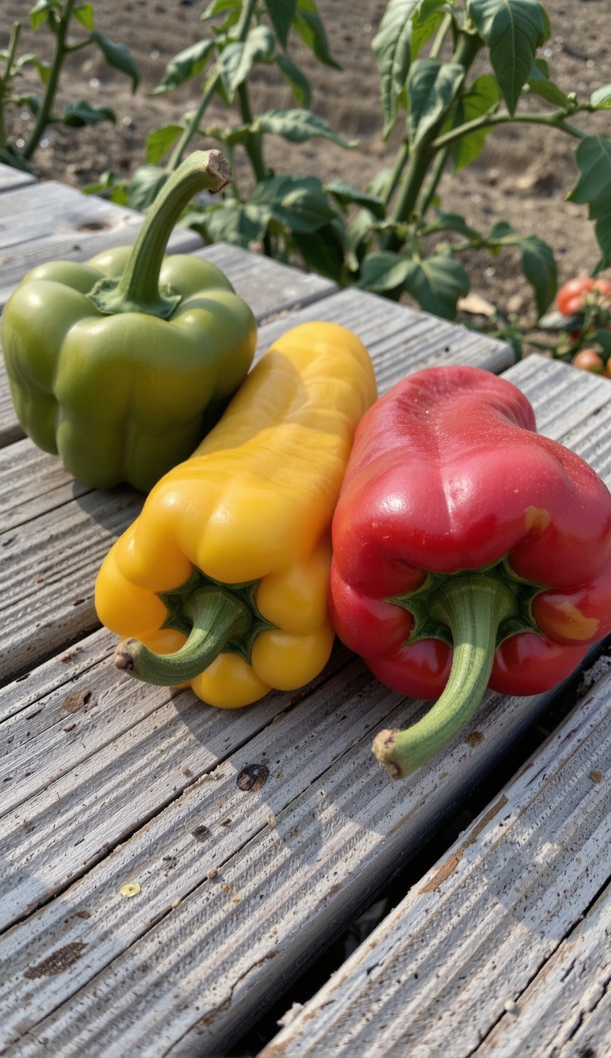 A bright,  focused light from the upper right illuminates three bell peppers—a glossy green one,  a vibrant yellow one on...