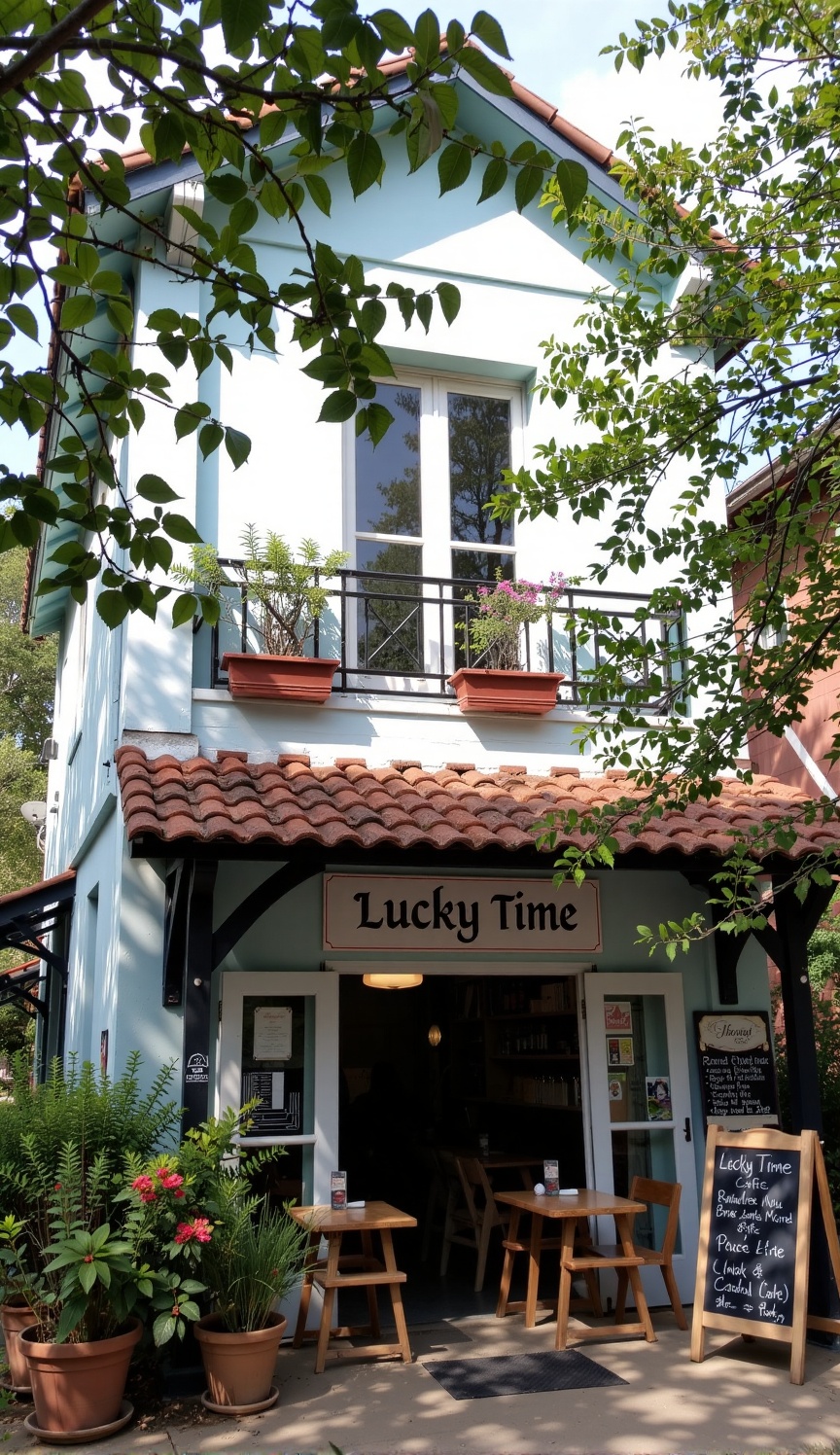 A two-story café named "Lucky Time" with a terracotta-tiled roof and light blue walls,  surrounded by greenery. The upper...