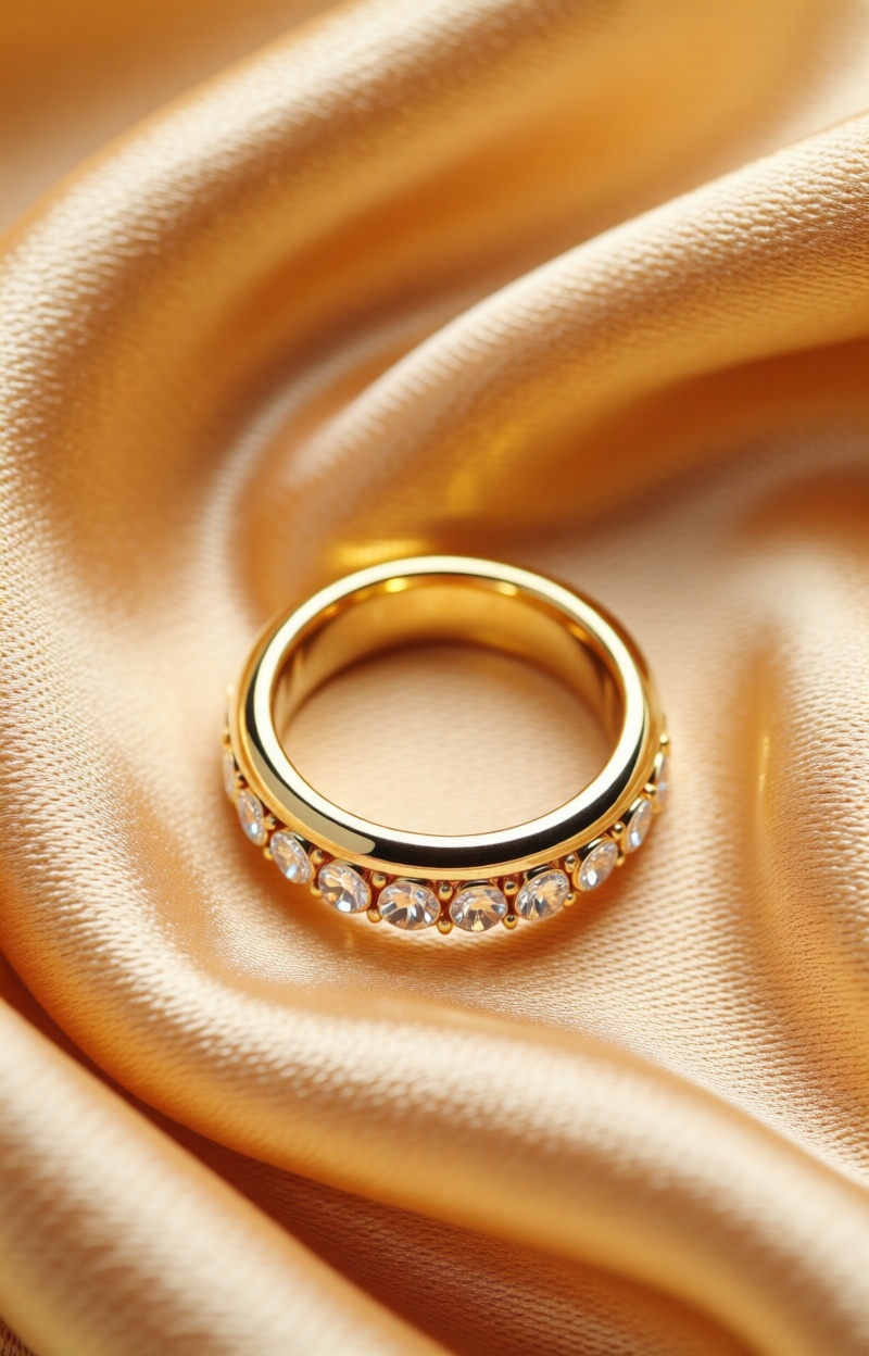 Eсomluxtexture. Top view,  gold ring on velvet fabric background,  luxury flat lay jewelry showcase on Tensor.Art