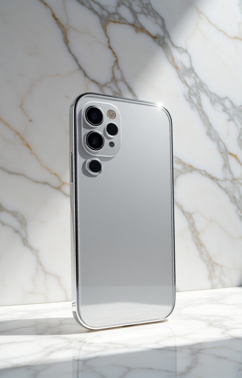 Eсomluxtexture. Smartphone on silver surface,  minimalist premium product layout,  stylish elegant composition on Tensor.Art