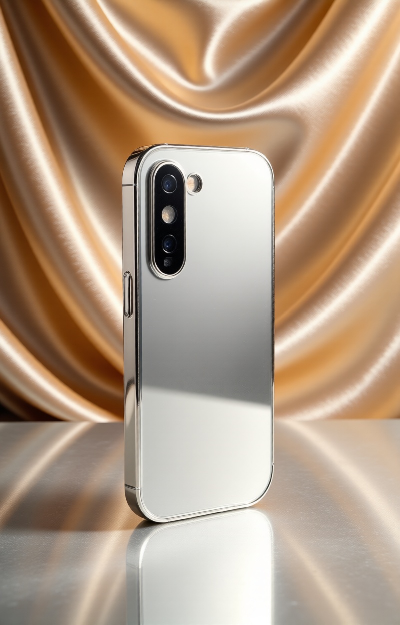 Eсomluxtexture. Smartphone on silver surface,  minimalist premium product layout,  stylish elegant composition on Tensor.Art
