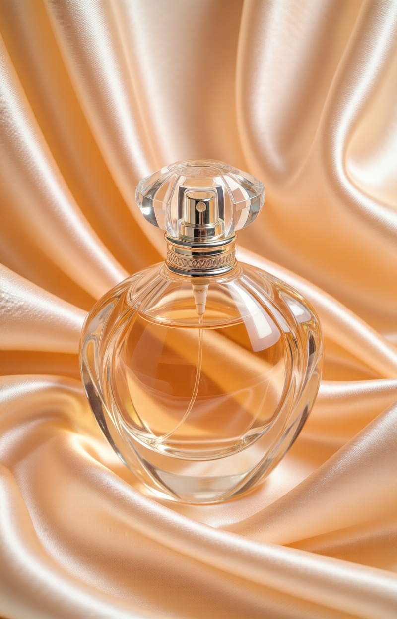 Eсomluxtexture. Flat lay perfume bottle on silk drapery,  glossy reflection,  premium lifestyle product photography on Ten...