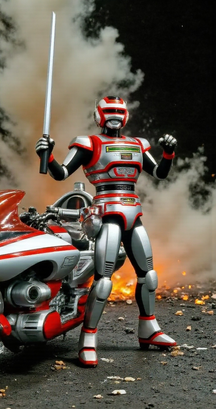(jaspionstyle),  Juspion figure standing beside Daileon Bike,  sword glowing with intense energy on Tensor.Art