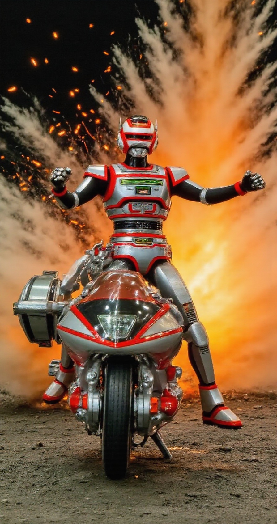 (jaspionstyle),  Juspion action figure with Daileon Bike bursting through a fiery explosion,  smoke and molten debris scat...