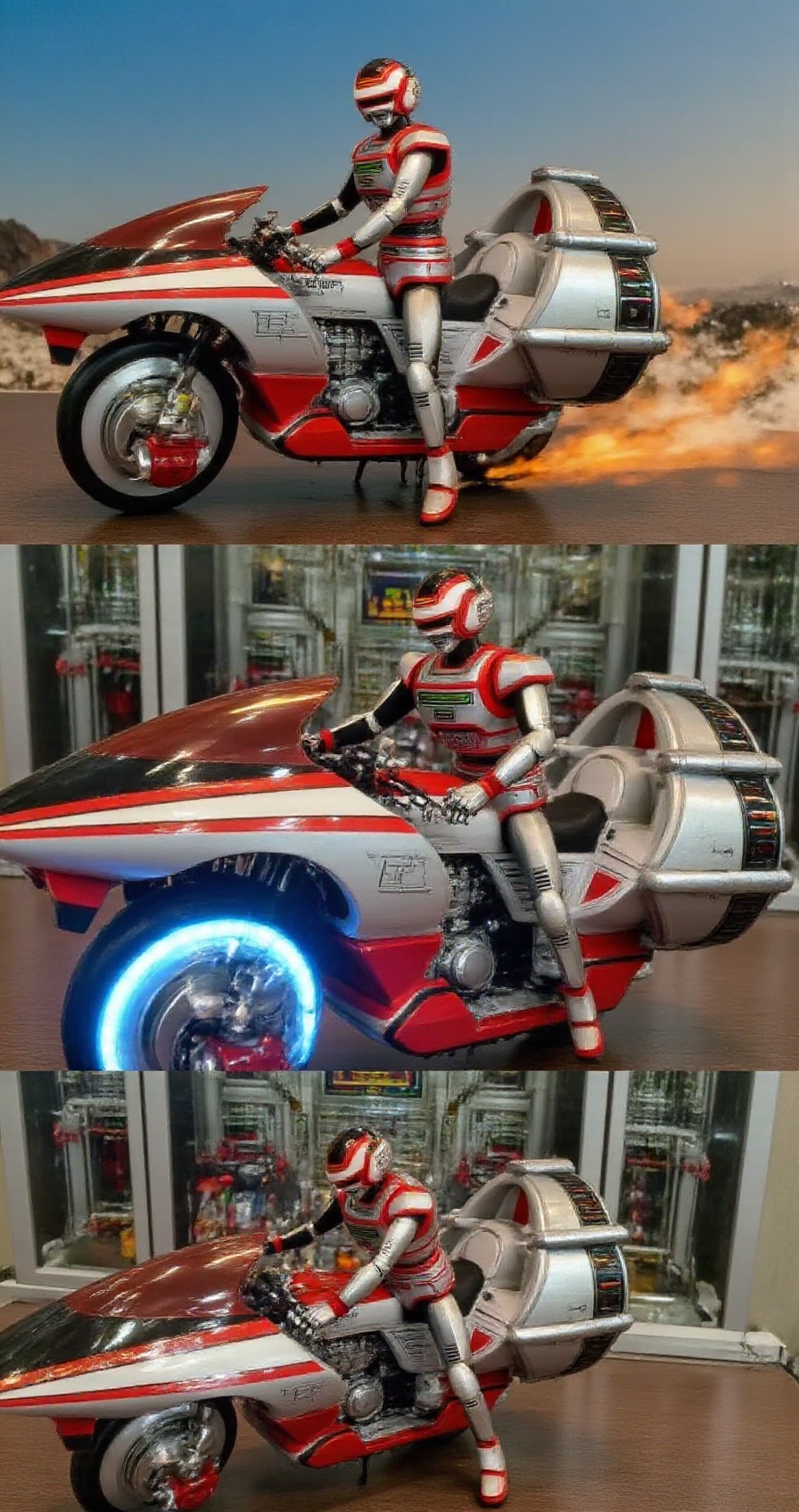 (jaspionstyle),  Juspion figure riding Daileon Bike,  dynamic high speed pose on Tensor.Art