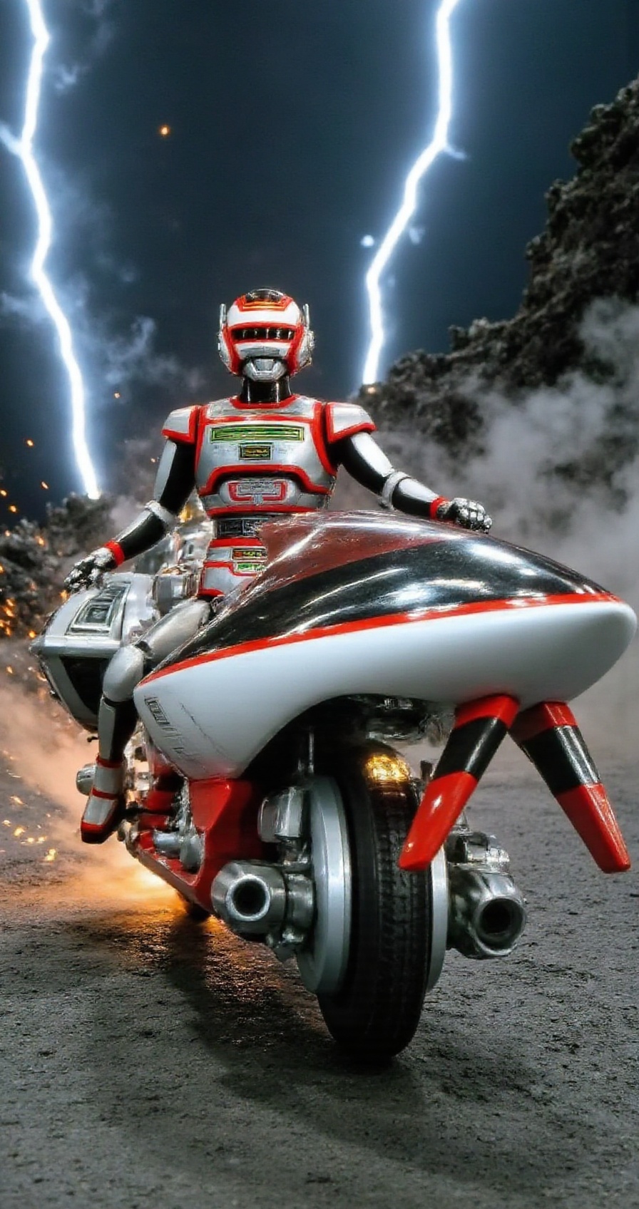 (jaspionstyle),  Juspion Juspion on Daileon Bike,  surrounded by crackling lightning effects on Tensor.Art