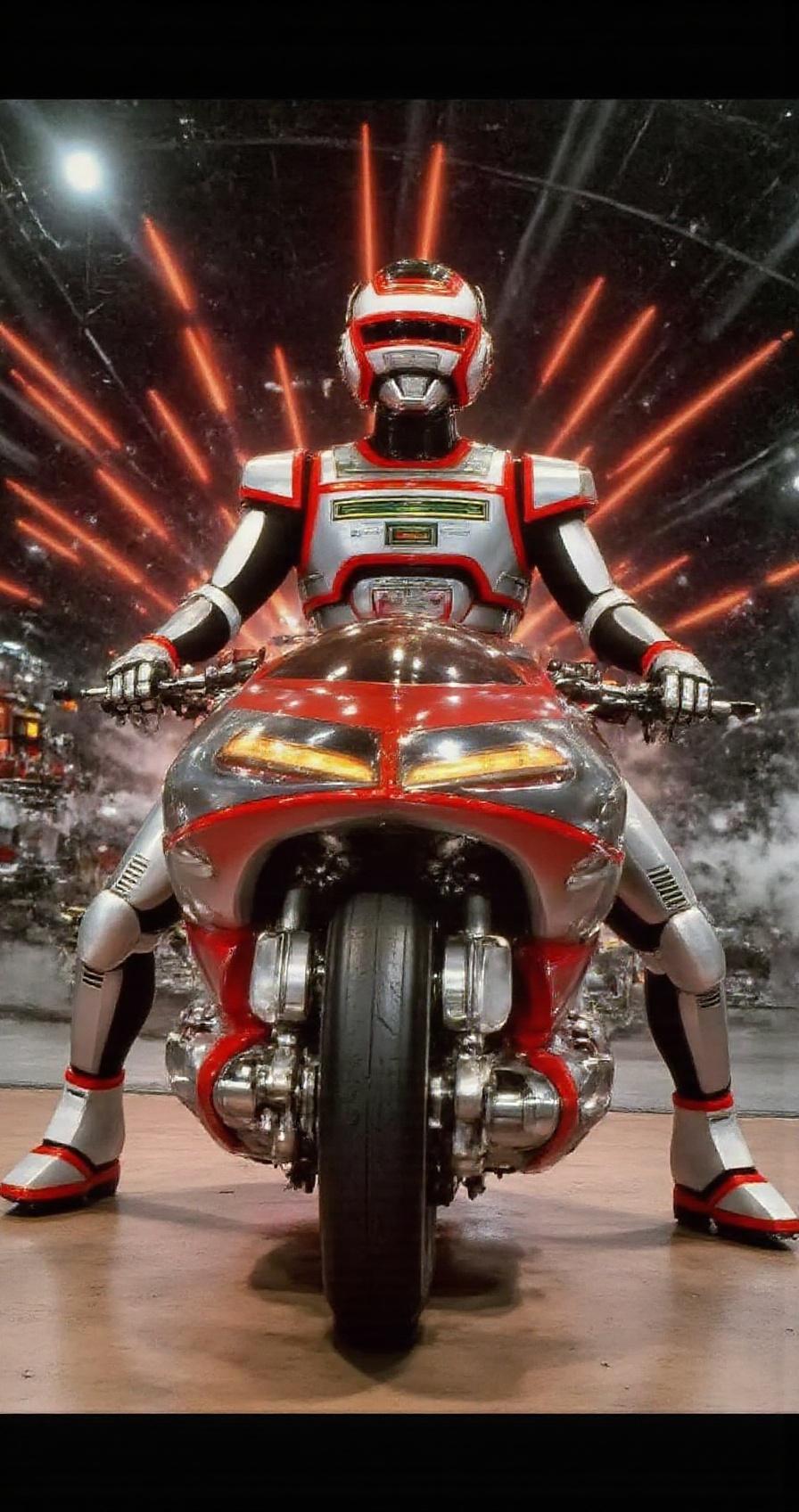 (jaspionstyle),  Juspion with Daileon Bike in transformation sequence,  glowing red and silver energy wrapping around ride...