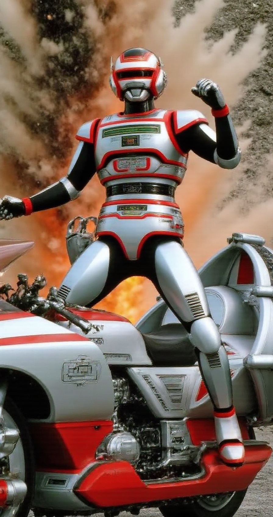 (jaspionstyle),  standing on futuristic motorcycle,  silver red metallic armor suit on Tensor.Art