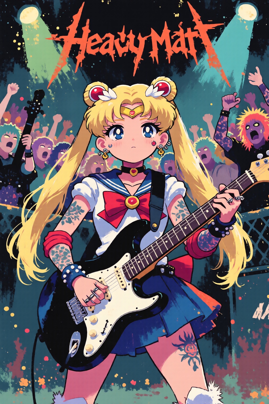 childrendrawing2. Punk sailor moon playing a guitar at a heavy metal mosh pit,  tattoos,  piercing. on Tensor.Art