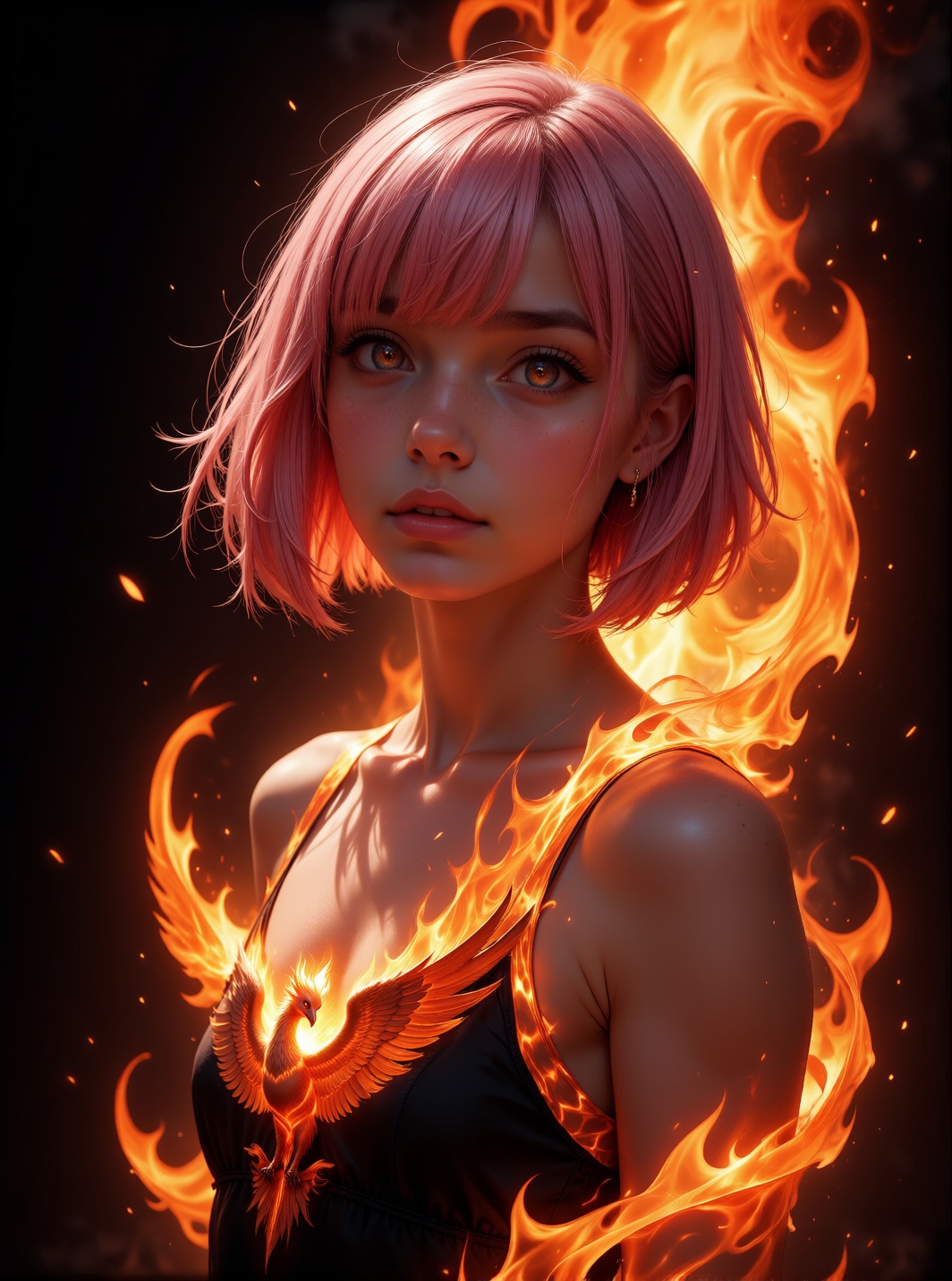 A girl with a pink bob cut stands in a dramatic pose,  rising like a phoenix from ashes. The lighting is intense,  casting...
