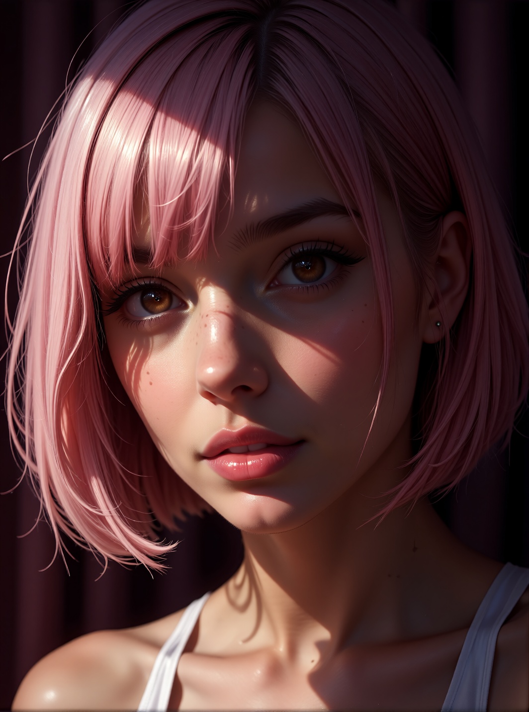 A close-up shot of a woman with a pink bobcut,  brown eyes,  and a provocative pose. She stands with a penis bulge on Tens...