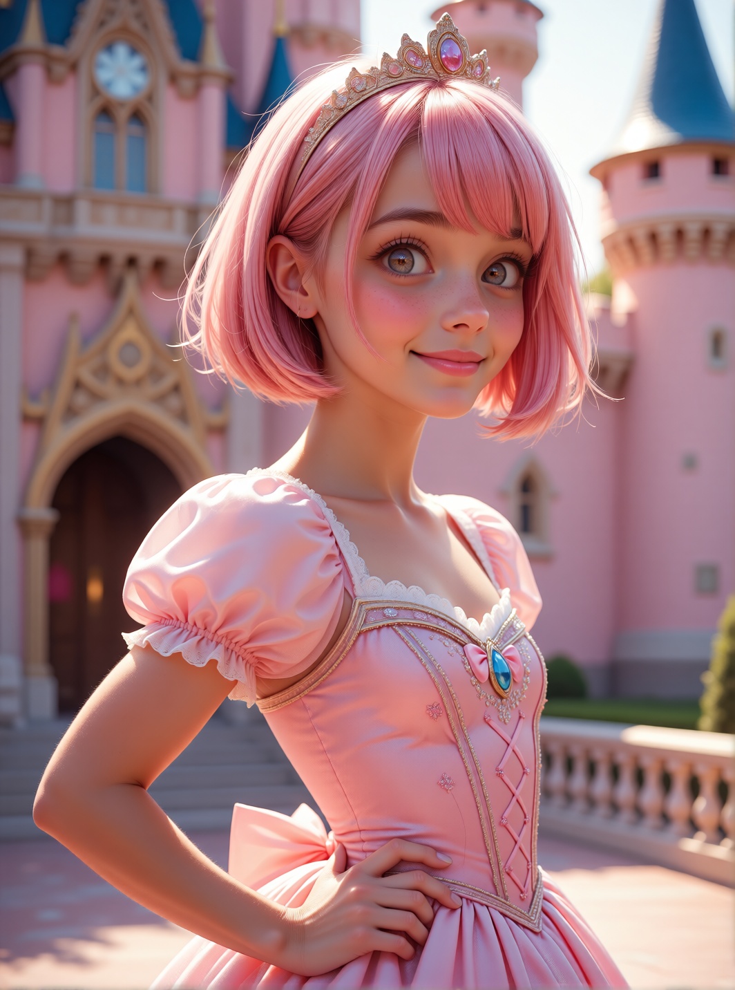 A close-up shot of a girl with a pink bob cut,  wearing a cute princess dress. The lighting is soft and warm,  highlightin...