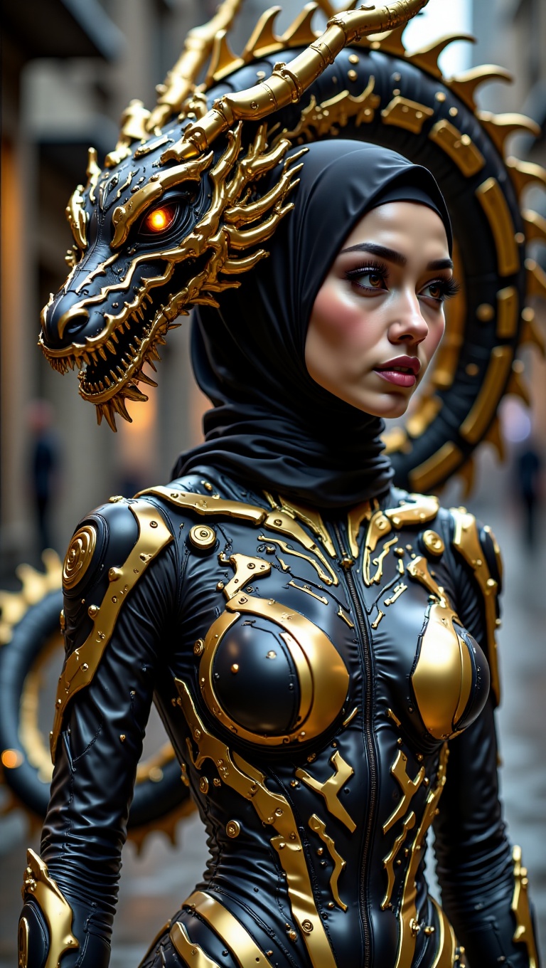 A create an ultra-high-definition,  realistic image that captures a woman with fully hijab wearing a futuristic metallic s...