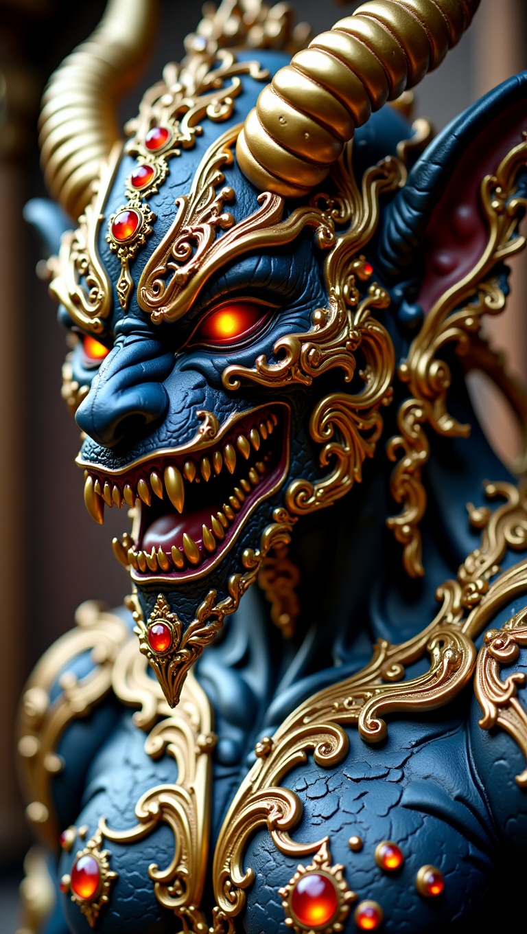 A hyperrealistic close-up bust shot of a fearsome yet majestic mythological creature. The being has deep blue skin,  ornat...