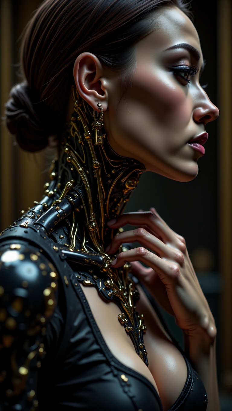 Pose: One hand delicately touching her neck near the exposed cybernetic joint. Expression: Half-lidded eyes,  lips parted...