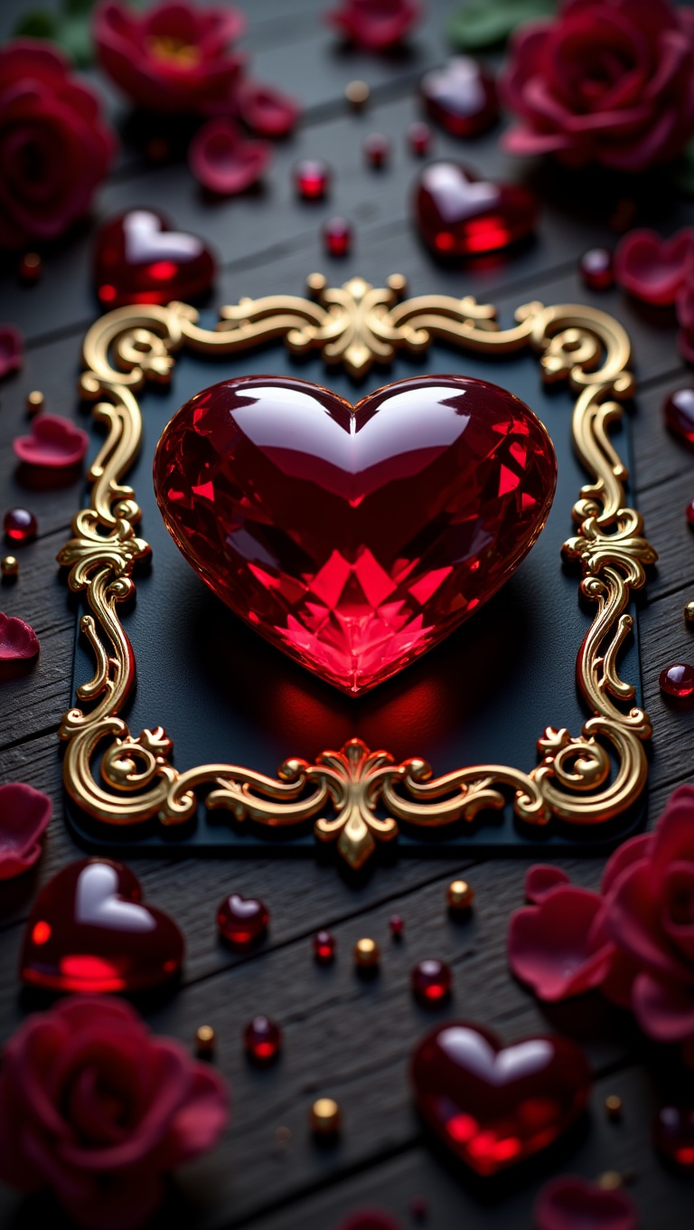 A hyperrealistic,  macro shot of a luminous,  faceted ruby heart. The heart rests on a dark on Tensor.Art