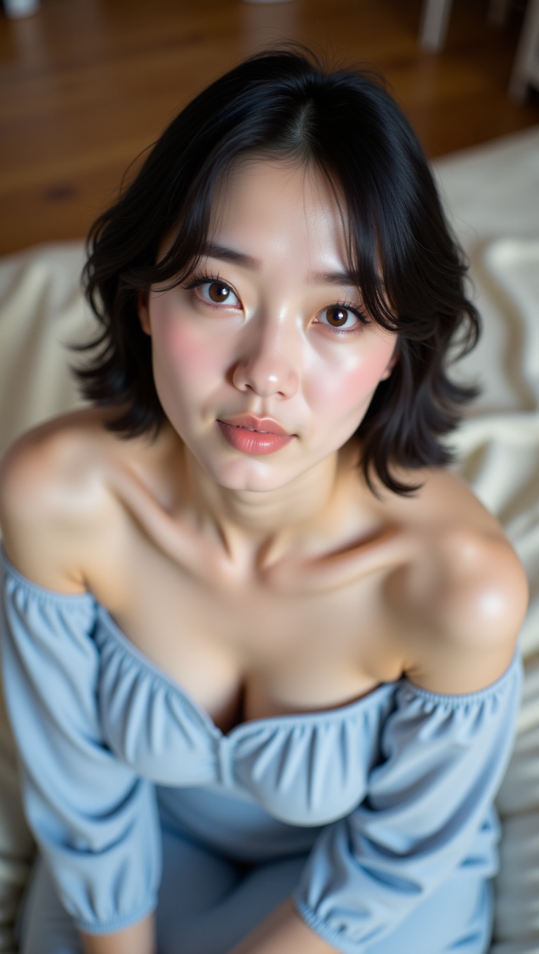 A high-angle,  close-up shot of a beautiful young Asian woman with a gentle expression. She has short,  wavy black hair an...