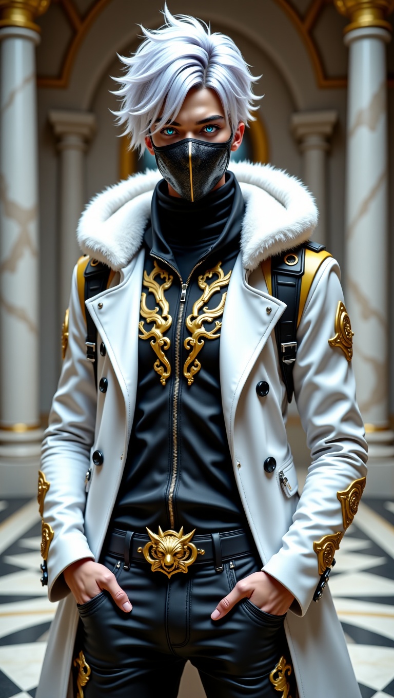 This is an AI-generated image of a young man with a futuristic and stylish appearance,  reminiscent of a video game charac...