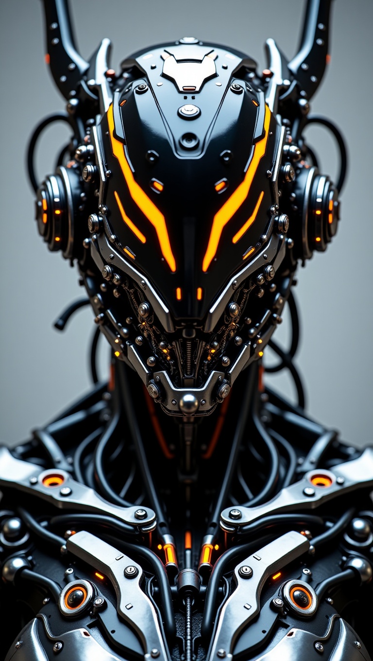 A highly detailed,  photorealistic close-up bust shot of a futuristic robot. The robot is a complex assembly of black,  gr...